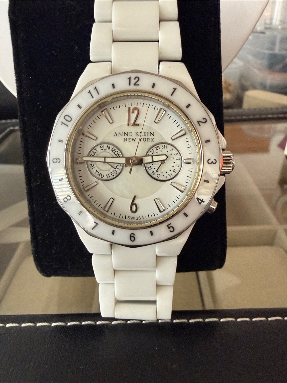Anne Klein Men’s White Ceramic Bracelet Watch with Day-Date Subdials